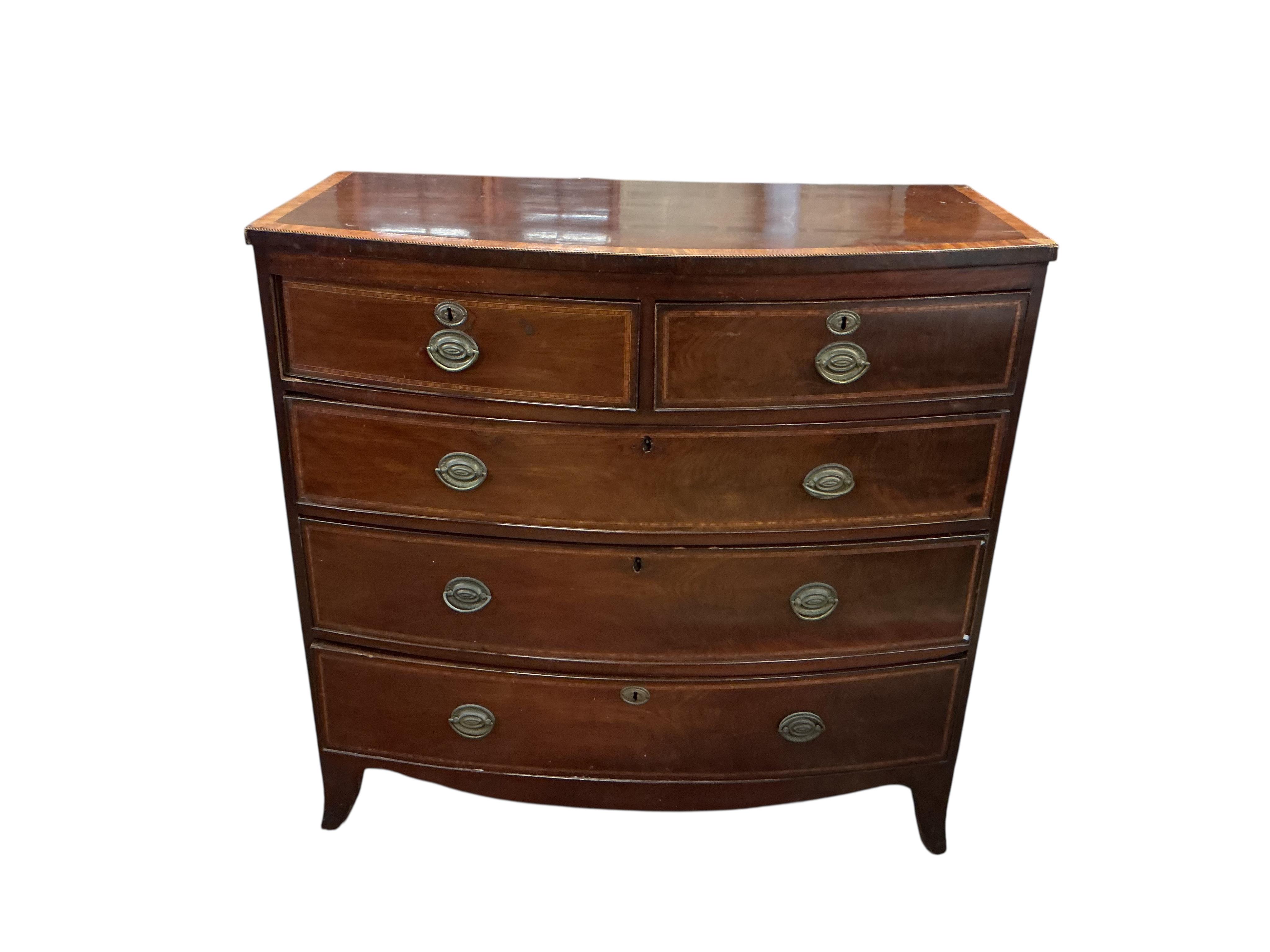A Regency satinwood banded mahogany bow front chest, width 105cm, depth 51cm, height 102cm